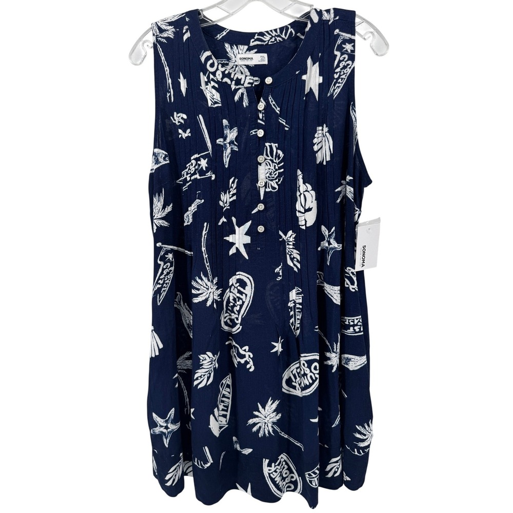 Sonoma Mini Sun Dress Women PXL New Navy Blue Tropical Linen Blend Pintuck - Picture 1 of 12